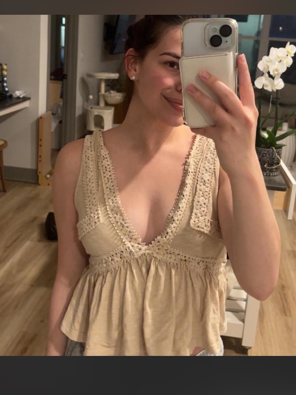 Aerie Beige Crochet-Trim V-Neck Peplum Tank Top